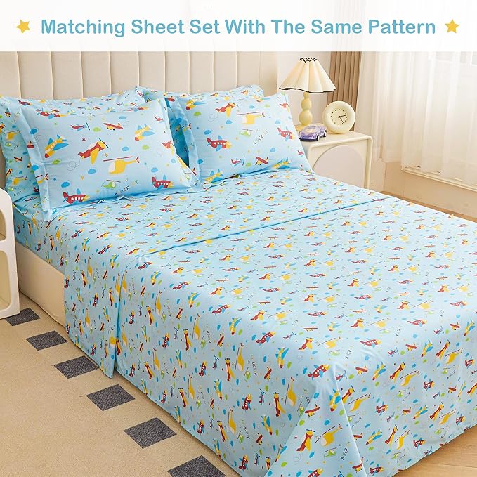 Mooreeke Bed in a Bag for Kids Boys Teens, 7 Pieces Full Size Aircraft Print Comforter Bed Set with Shams, Sheet Set, Airplane Blue Super Soft Microfiber Kids Comforter Bedding Set - LeafyLoom