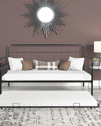 Twin Size Bed W/Slats,Metal Frame Daybed with Trundle and Anti-Noise Design,Space-Saving & Easy to Install,for Living Room Bedroom Apartment,Black - LeafyLoom