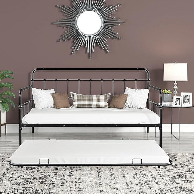 SuperStroke Jintop Twin Size Bed W slats,Metal Frame Daybed with Trundle and Anti-Noise Design,Space-Saving & Easy to Install,for Living Room Bedroom Apartment,Black - LeafyLoom