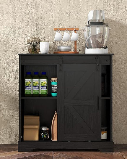 Panana Sliding Barn Door Buffet Sideboard Storage Cabinet Coffee Bar Kitchen Farmhouse Style (Black) - LeafyLoom