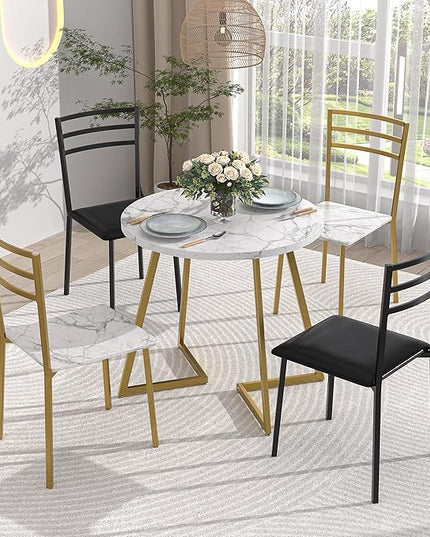 VECELO Round Dining Table with Steel Frame for 2-4 People, Space Saving for Home, Kitchen, Apartment, White & Gold - LeafyLoom