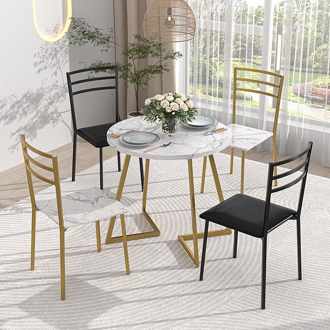 VECELO Round Dining Table with Steel Frame for 2-4 People, Space Saving for Home, Kitchen, Apartment, White & Gold - LeafyLoom