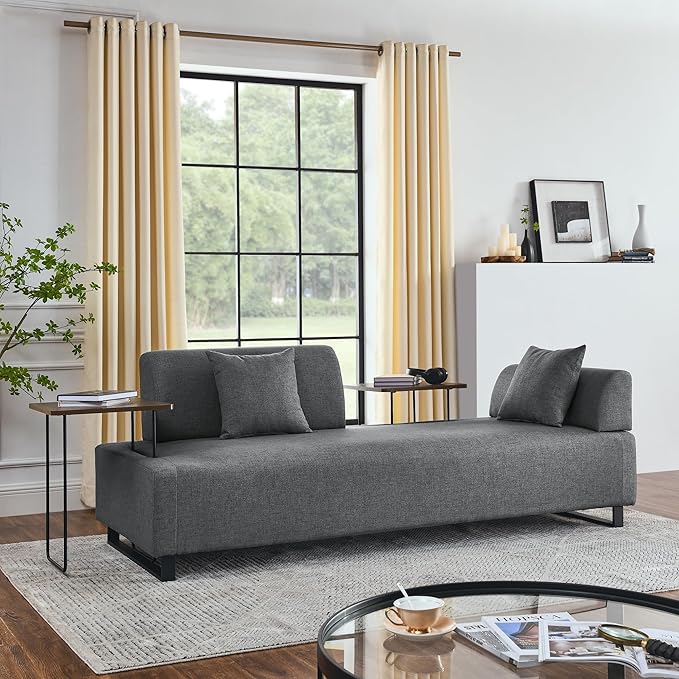 Morden Linen Upholstered 3 Seat Sofa Couch with Two End Tables and 2 Pillows, Free Transformation Removable Back and Armrests for Living Room, 86.25", Grey-395 - LeafyLoom