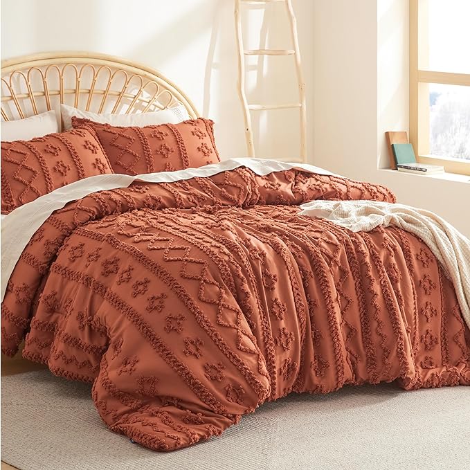 Bedsure Tufted Boho Comforter Set California King - Terracotta Boho Bedding Comforter Set, 3 Pieces Farmhouse Shabby Chic Embroidery Bed Set, Soft Jacquard Comforter for All Seasons - LeafyLoom