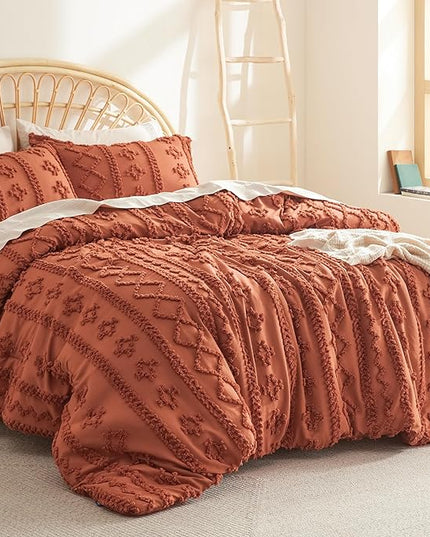 Bedsure Tufted Boho Comforter Set King - Terracotta Boho Bedding Comforter Set, 3 Pieces Farmhouse Shabby Chic Embroidery Bed Set, Soft Jacquard Comforter for Women Men Girls - LeafyLoom