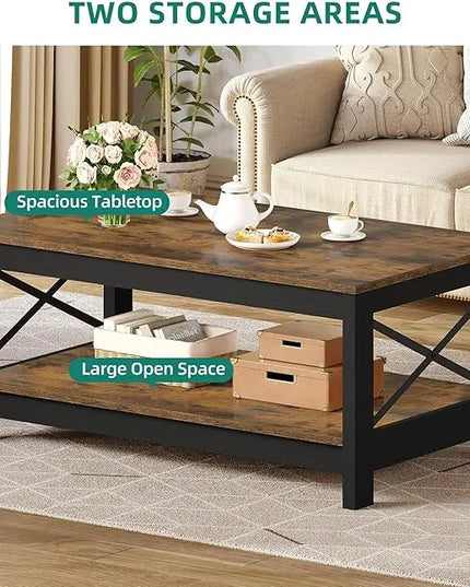 YITAHOME Coffee Table for Living Room,Modern Farmhouse Coffee Table with Storage,2-Tier Center Table for Living Room Wood Living Room Table Accent Cocktail with Sturdy Frame,Rustic Brown - LeafyLoom