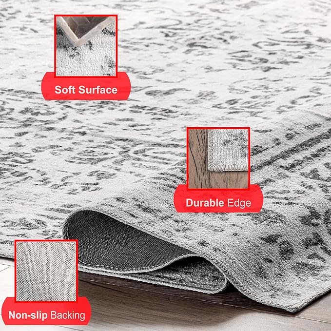nuLOOM Bess Persian Vintage Machine Washable Ultra Thin Area Rug, 6' x 9', Ivory - LeafyLoom