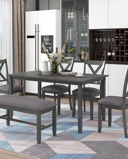 Dining Table Set for 6, Wood Rectangular Dining Table and 4 Fabric Chairs & Bench, 6-Piece Kitchen Table Set for Dining Room and Living Room, Charcoal Grey - LeafyLoom