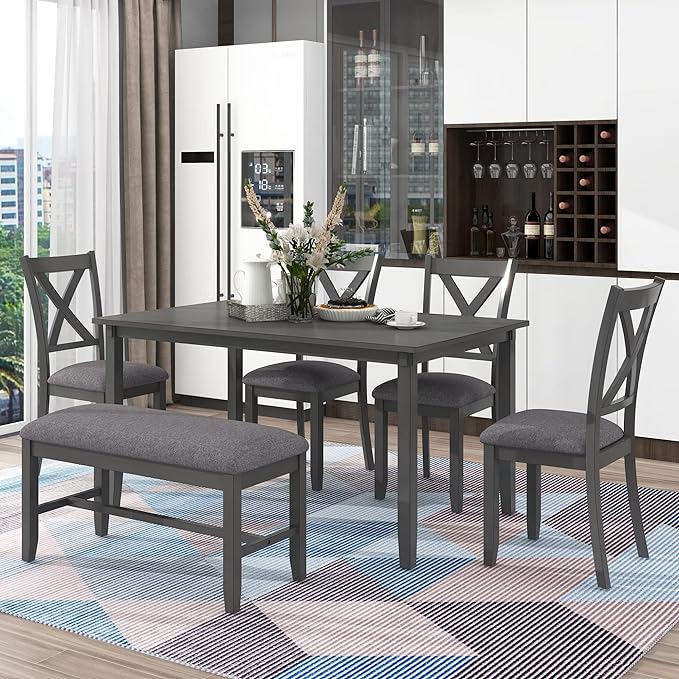 Dining Table Set for 6, Wood Rectangular Dining Table and 4 Fabric Chairs & Bench, 6-Piece Kitchen Table Set for Dining Room and Living Room, Charcoal Grey - LeafyLoom