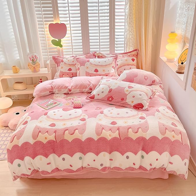 MorroMorn Twin Bedding Sets, Pink Duvet Cover Set, Kawaii Cream Cake Fluffy Comforter Covers Blanket Ultra Soft for Girls Kids Toddler Teen Women Twin/Twin XL Size - LeafyLoom