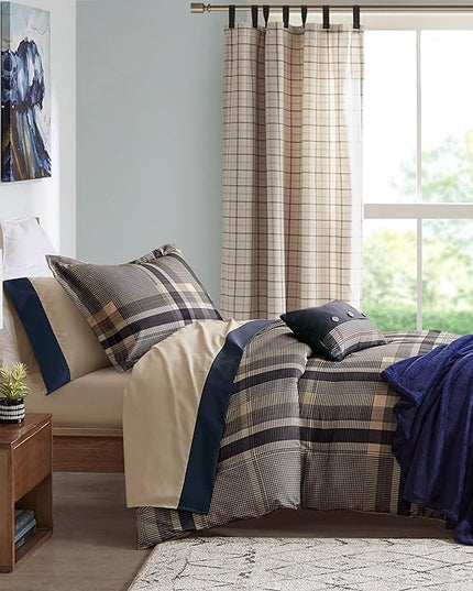 Intelligent Design Robbie Cozy Comforter Set Bed in A Bag, Modern Casual All Season Bedding Set, Matching Sham, Decorative Pillow, Navy/Tan, Twin XL, 7 Piece - LeafyLoom
