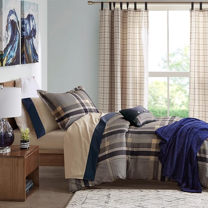 Intelligent Design Robbie Cozy Comforter Set Bed in A Bag, Modern Casual All Season Bedding Set, Matching Sham, Decorative Pillow, Navy/Tan, Twin, 7 Piece - LeafyLoom