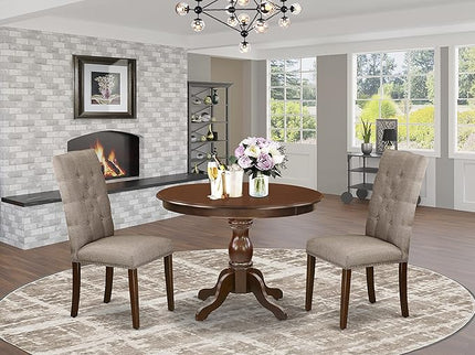 East West Furniture HBEL3-MAH-16 Hartland 3 Piece Room Furniture Set Contains a Round Dining Table with Pedestal and 2 Dark Khaki Linen Fabric Upholstered Chairs, 42x42 Inch - LeafyLoom