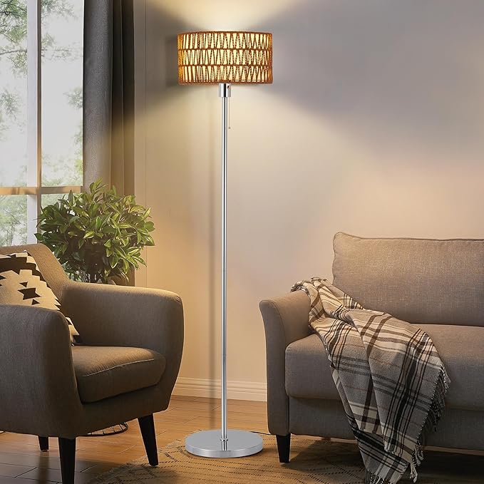 Rattan Floor Lamp for Living Room, Boho Standing Lamp with 3 Color Temperatures, Farmhouse Floor Lamp Wicker Lamp Double Shades, Bohemian Floor Lamps for Bedroom, Office(Chrome) - LeafyLoom