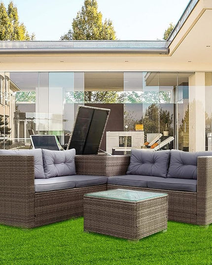 4-Piece Patio Furniture Outdoor Sofa Set, Wicker Sectional Loveseat Couch with Large Storage Box and Glass Table, for Garden Backyard Porch, 1, Gray - LeafyLoom
