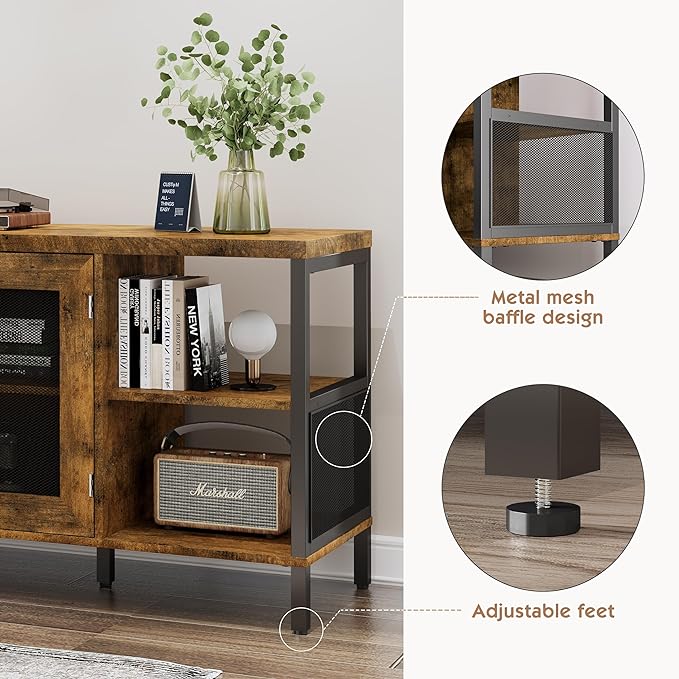 TV Stands for Living Room, Industrial TV Stand for Bedroom Furniture, Farmhouse TV Stand 65 Inch Television Stand with Back Panel, Modern Horizontal Wood and Metal Open Bookshelf, Rustic Brown - LeafyLoom