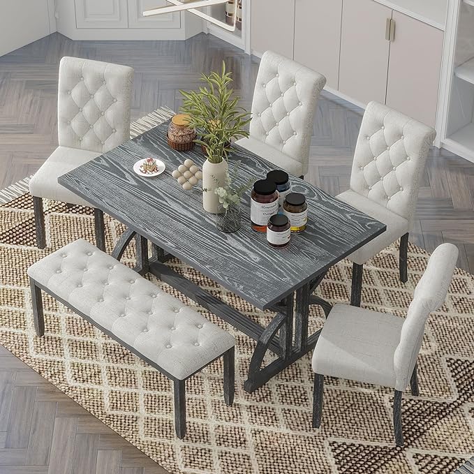 60 Inch Dining Table Set for 6, Retro Rectangular Dining Table with Unique Legs and 4 Upholstered Chairs & 1 Bench, Dining Room Table Set for Dining Room/Living Room, Grey Wash - LeafyLoom