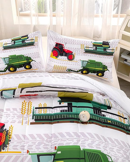 CVHOUSE Tractor Bedding Sets for Boys,Excavators Comforter King,Boys Cartoon Truck Comforter Set,Trucks Tractors Cars Quilt Set with 1 Comforter and 2 Pillow Cases- 3 Piece - LeafyLoom