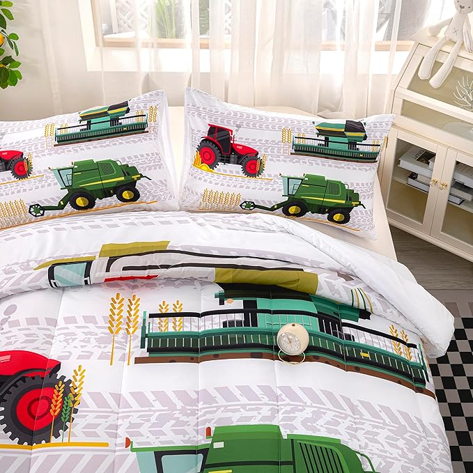 CVHOUSE Bedding Set for Boys, Tractor Comforter Twin, Cartoon Truck Quilt Set with 1 Comforter and 2 Pillow Cases- 3 Piece - LeafyLoom