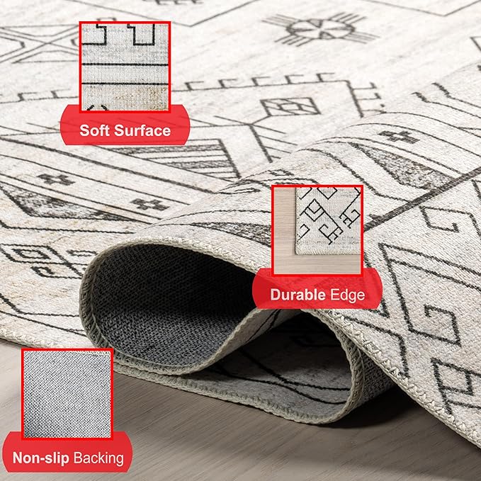 nuLOOM Malena Tribal Bordered Machine Washable Ultra Thin Area Rug, 3' x 5', Light Grey - LeafyLoom