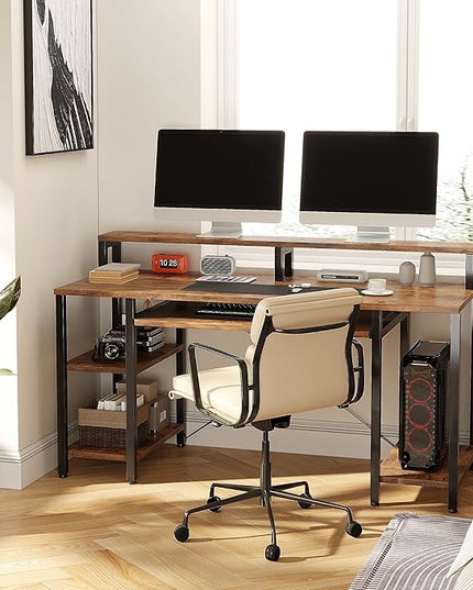 VERMESS Computer Desk, 48 Inch Home Office Desk, Gaming Desk with Keyboard Tray, Full Monitor Stand, Storage Shelves, CPU Stand Shelf, 47" Study Table Wide Writing Desk for 2 Monitors, Rustic Brown - LeafyLoom