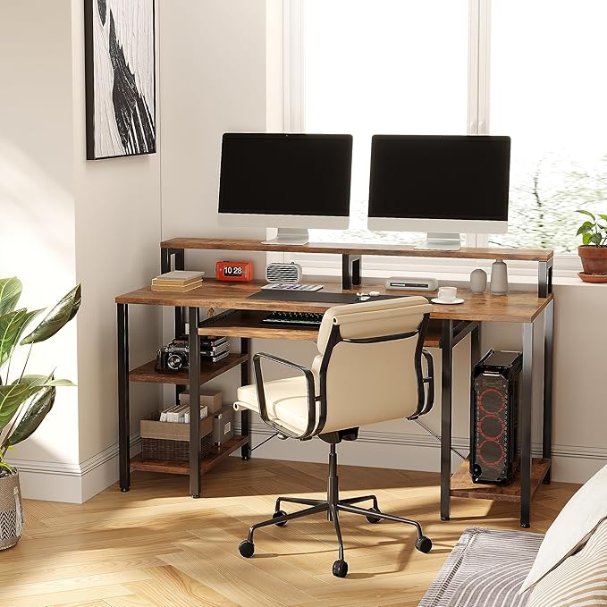VERMESS Computer Desk, 48 Inch Home Office Desk, Gaming Desk with Keyboard Tray, Full Monitor Stand, Storage Shelves, CPU Stand Shelf, 47" Study Table Wide Writing Desk for 2 Monitors, Rustic Brown - LeafyLoom