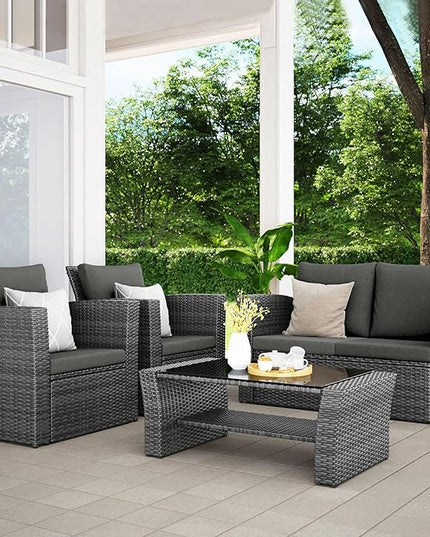Wisteria Lane 4 Piece Outdoor Patio Furniture Sets, Wicker Conversation Set for Porch Deck, Grey Rattan Sofa Chair with Cushion （Dark Grey - LeafyLoom