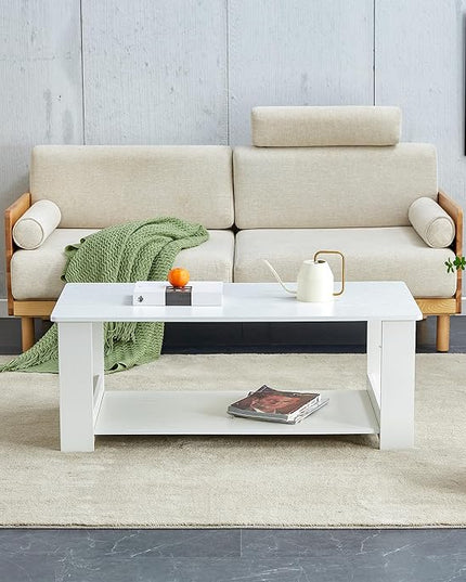 Farmhouse Wood Coffee Table - Boho Tea Table with Storage Shelf, Rectangle Center Table Wood Look Accent Table, 2-Tier Sofa Side Table Modern Rectangular Coffee Table Living Room Furniture - LeafyLoom