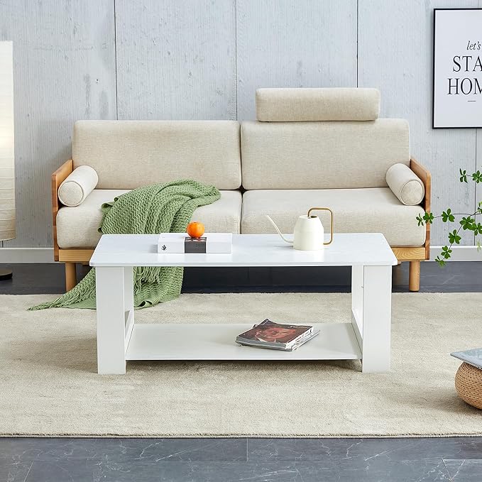 Farmhouse Wood Coffee Table - Boho Tea Table with Storage Shelf, Rectangle Center Table Wood Look Accent Table, 2-Tier Sofa Side Table Modern Rectangular Coffee Table Living Room Furniture - LeafyLoom