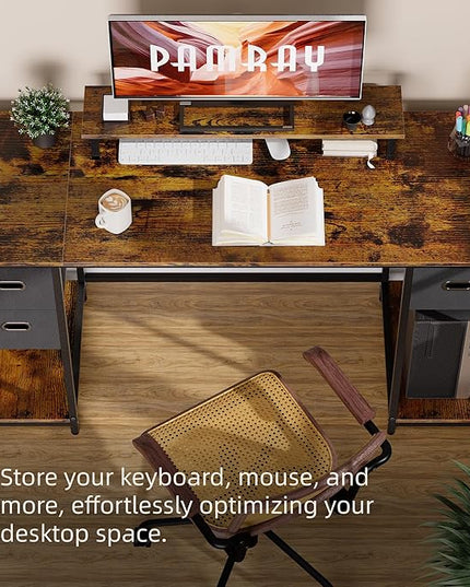 Pamray 55 Inch Computer Desk with Non-woven Storage Drawers and Monitor Stand Home Office Desk for Bedroom Study Table Writing and Work Desk Pink - LeafyLoom