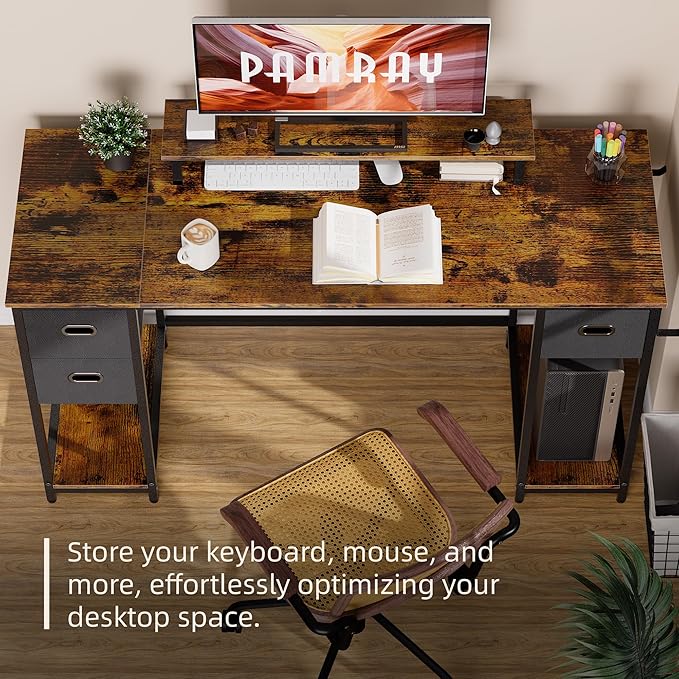 Pamray 55 Inch Computer Desk with Non-woven Storage Drawers and Monitor Stand Home Office Desk for Bedroom Study Table Writing and Work Desk Black - LeafyLoom