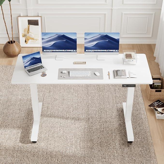 Electric Standing Desk 60 Inch, Ergonomic Height Adjustable Table with T-Shaped Metal Bracket Modern Computer Workstations for Home Office, White, 60 x 24 Inch - LeafyLoom