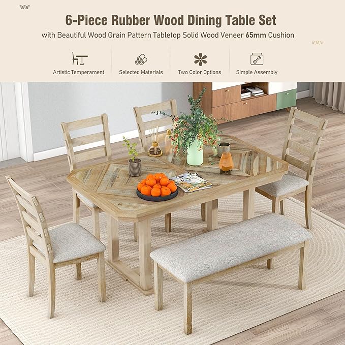 6-Piece Rubber Wood Dining Table Set with Beautiful Grain Pattern Tabletop Solid Wooden Veneer and Soft Cushion Chairs, for Kitchen, Diningroom, Living Room, Home Bar, Natural+Grey - LeafyLoom