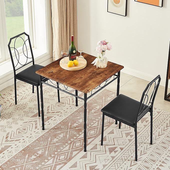 VECELO 3 Pieces Sets,43.3" Table&Chairs for 2,Industrial Counter Height Tabletop with Bar Stools, Rectangle Breakfast Chairs, Living Room, Apartment, Dining Table for 2, Brown - LeafyLoom
