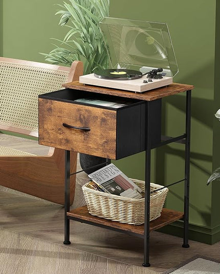 WLIVE Nightstand, Bedside Side Table for Bedroom, Dorm with Steel Frame, Night Stand End Table with Fabric Storage Drawer, Easy Assembly, Rustic Brown Wood Grain Print, 11.8''D 15.8''W 24.9" H - LeafyLoom