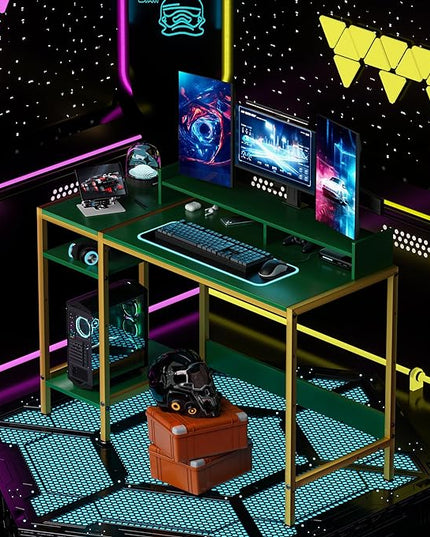 Gaming Computer Desk with Storage,Monitor Stand 47” Small, Writing Desk for 2 Monitors, Adjustable Storage Space, Modern Design Corner Table for Home Office, Green. - LeafyLoom