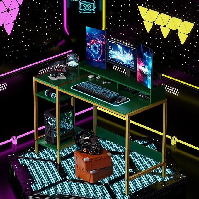 Gaming Computer Desk with Storage,Monitor Stand 47” Small, Writing Desk for 2 Monitors, Adjustable Storage Space, Modern Design Corner Table for Home Office, Green. - LeafyLoom