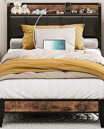 LIKIMIO Twin Bed Frame, Storage Headboard with Charging Station, Solid and Stable, Noise Free, No Box Spring Needed, Easy Assembly (Vintage and Black) - LeafyLoom