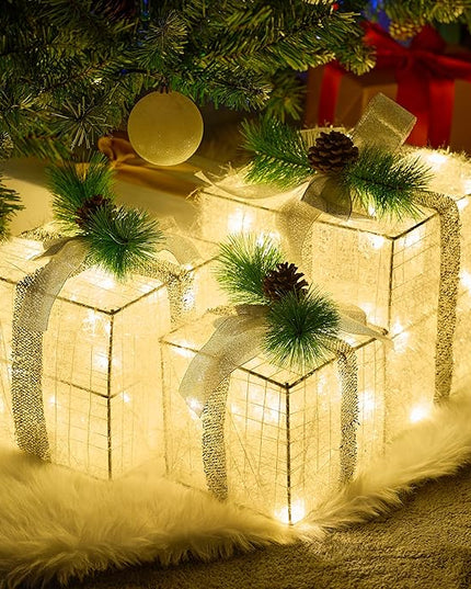 Joiedomi Christmas Lighted Gift Boxes, Christmas Decorations Set of 3, Light up Present Boxes, 60 LED Warm White Lights for Indoor Holiday Décor, Christmas Eve Night Décor Joiedomi