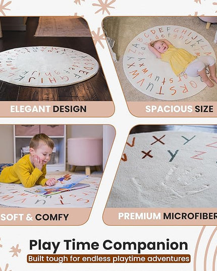 ABC Rug for Kids Room | 40 Inch Round Alphabet Rug with Capital and Lowercase Letters | ABC Boho Classroom Rug for Alphabet Learning - LeafyLoom