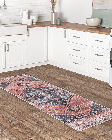 nuLOOM Medallion Bordered Machine Washable Ultra Thin Runner Rug, 2' 6" x 10', Rust - LeafyLoom