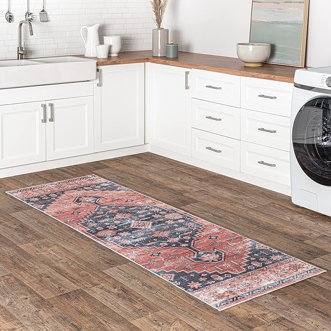 nuLOOM Medallion Bordered Machine Washable Ultra Thin Runner Rug, 2' 6" x 10', Rust - LeafyLoom