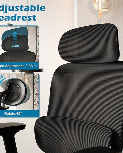 GABRYLLY Ergonomic Mesh Office Chair, Home Desk Chair with Adjustable Lumbar Support, 3D Armrest, Headrest, 4-Level Tilt Back, High Back Ergonomic Chairs with Wide Cushion Seat - LeafyLoom