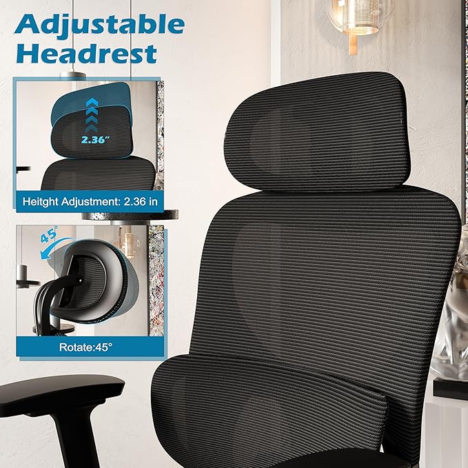 GABRYLLY Ergonomic Mesh Office Chair, Home Desk Chair with Adjustable Lumbar Support, 3D Armrest, Headrest, 4-Level Tilt Back, High Back Ergonomic Chairs with Wide Cushion Seat - LeafyLoom