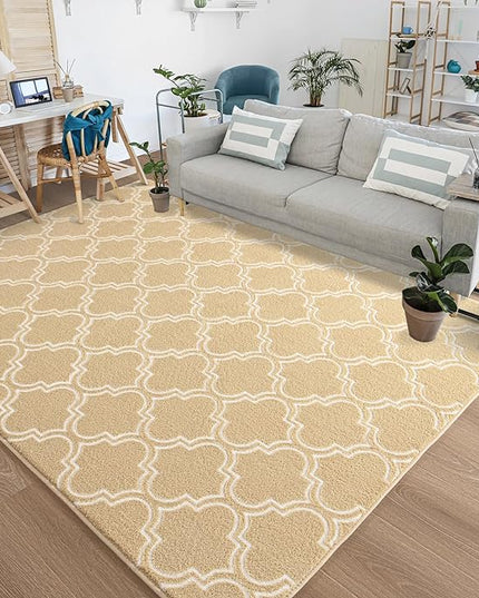 Chicrug Shag Geometric Modern Area Rug for Living Room, 3x5 Feet Large Memory Foam Indoor Carpet, Fluffy Rug for Bedroom Bedside Room Decor for Family Girls Kids Nursery, Beige/White - LeafyLoom