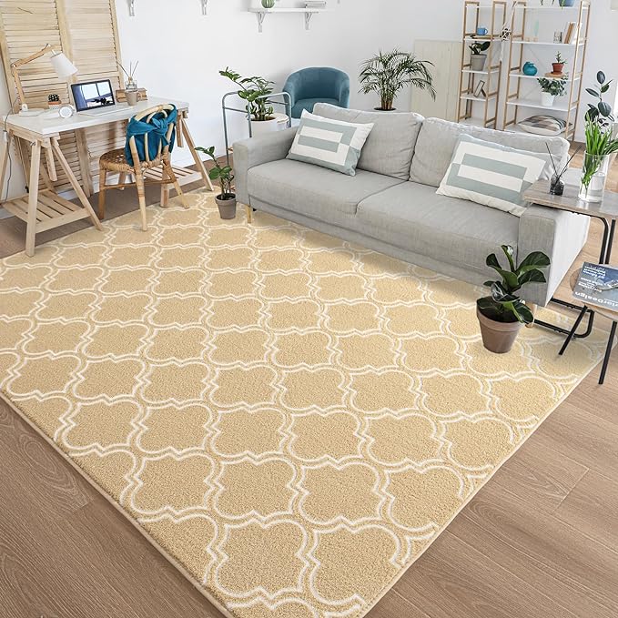 Chicrug Shag Geometric Modern Area Rug for Living Room, 3x5 Feet Large Memory Foam Indoor Carpet, Fluffy Rug for Bedroom Bedside Room Decor for Family Girls Kids Nursery, Beige/White - LeafyLoom