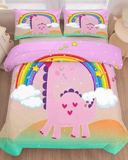 Tailor Shop Dinosaur Girls Comforter Set Queen Size,Rainbow Pink Dinosaur Bedding Set,Cartoon Dino Comforter Sets for Kids Teens，Dinosaur Bed Set,with 1 Comforter 2 Pillowcase - LeafyLoom