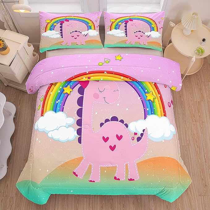 Tailor Shop Dinosaur Girls Comforter Set Queen Size,Rainbow Pink Dinosaur Bedding Set,Cartoon Dino Comforter Sets for Kids Teens，Dinosaur Bed Set,with 1 Comforter 2 Pillowcase - LeafyLoom