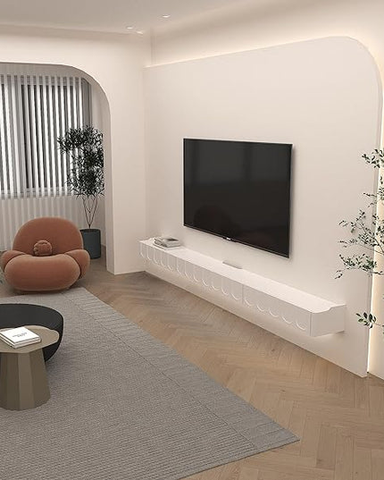Floating TV Stand, 81'' High Gloss Wall Mounted TV Cabinet, Floating TV Shelves with Door & Drawers, Modern Entertainment Media Console Center Large Storage TV Bench for Living Room (White) - LeafyLoom