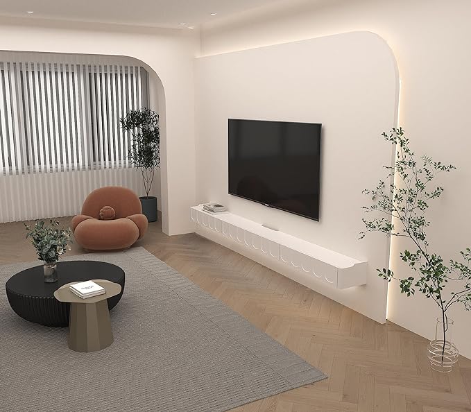Floating TV Stand, 81'' High Gloss Wall Mounted TV Cabinet, Floating TV Shelves with Door & Drawers, Modern Entertainment Media Console Center Large Storage TV Bench for Living Room (White) - LeafyLoom